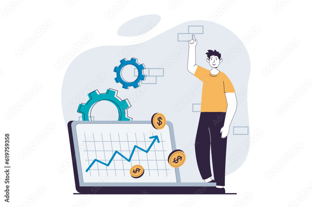Business making concept with people scene in flat design for web. Man analyzes arrow graph of profit and successful financial growth. Vector illustration for social media banner, marketing material. Business making concept with people scene in flat design for web. Man analyzes arrow graph of profit and successful financial growth. Vector illustration for social media banner, marketing material.