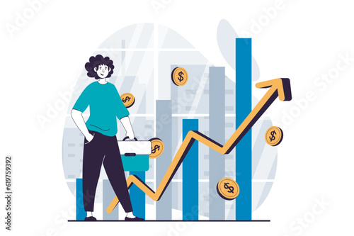 Business making concept with people scene in flat design for web. Man analyzes arrow graph of financial growth and success investments. Vector illustration for social media banner, marketing material.
