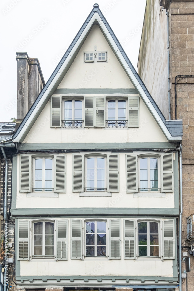 Morlaix, Brittany, France - 2022 August 21: Traditional French facade of a town house located in Morlaix, Typical houses of French Brittany