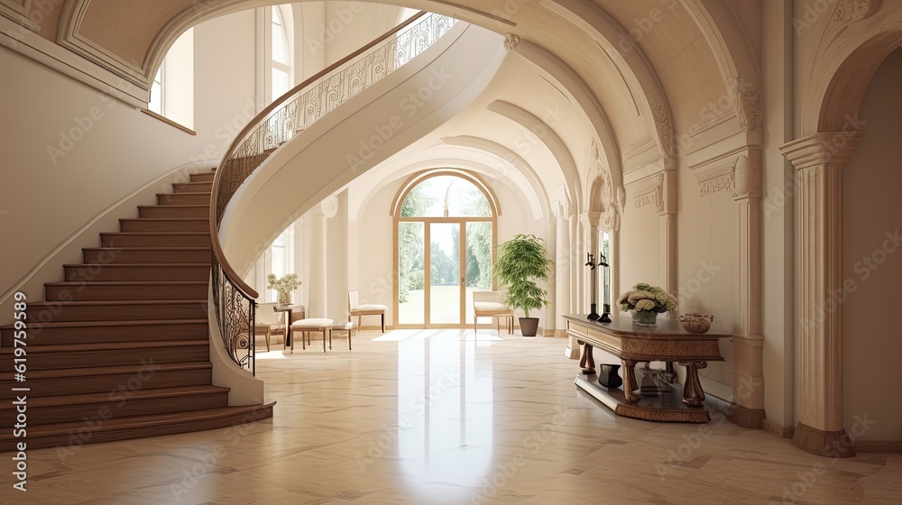 Interior design of modern entrance hall with arc and staircase in villa.