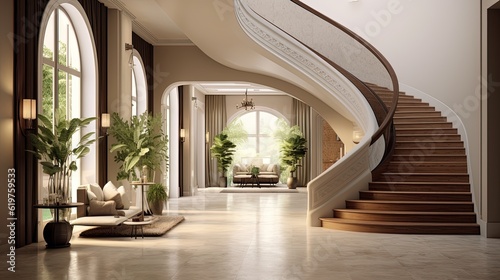 Interior design of modern entrance hall with arc and staircase in villa.