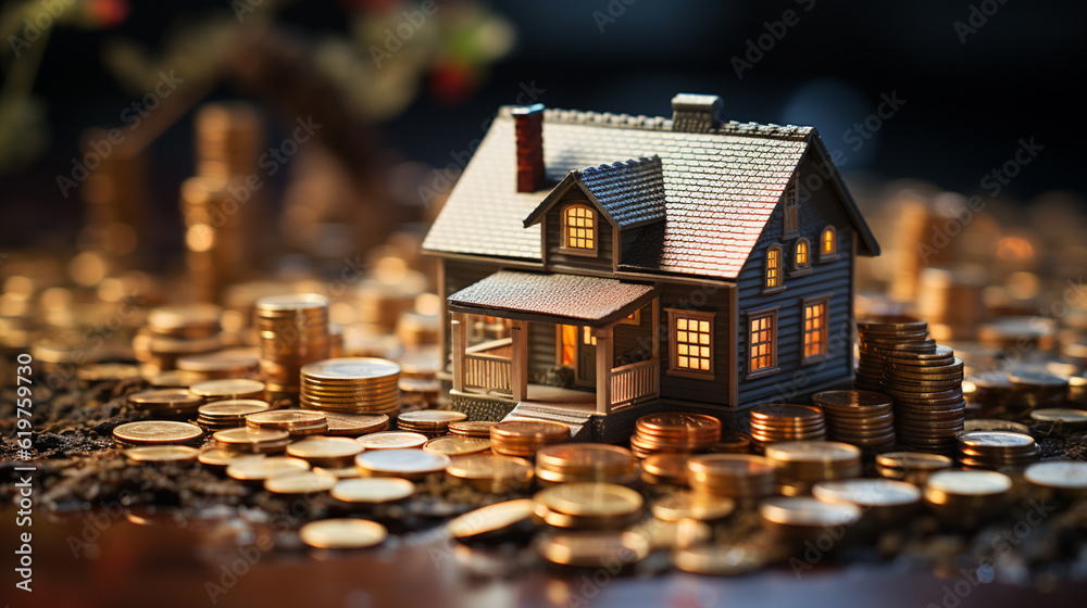 Stack of coins and house model on the table. Generative Ai Stack of coins and house model on the table. Generative Ai