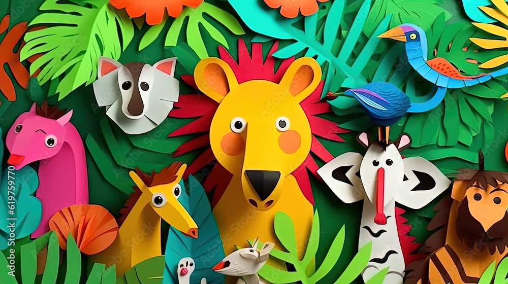 Fototapeta premium Colorful, funny jungle, smiling animals, simple paper cut animation for kids