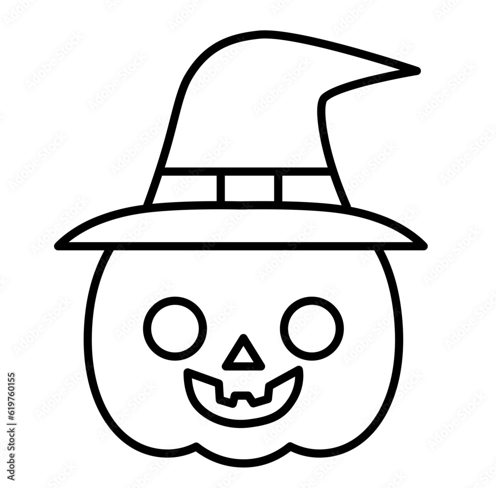 Halloween pumpkin jackolantern face with hat outline icon