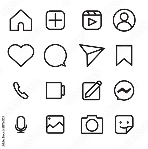 Set of social media icons. Home, create new post, reels, profile, love, comment, share, save, phone, video call, create messages, direct messages, voice note, picture and more, vector sign on white bg