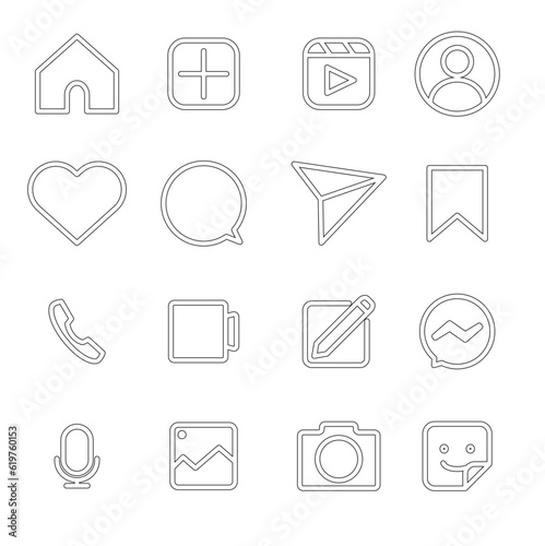 Set of Social media line icon vector. Home, create new post, reels, profile, love, comment, share, save, phone, video call, create messages, direct messages, voice note, picture, camera  and sticker