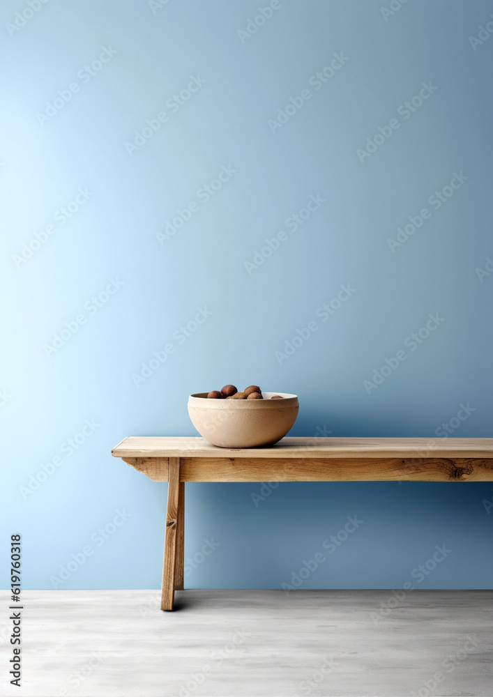 blank wall Mediterranean style interior mockup wooden table near wall with detail vignettes blank wall Mediterranean style interior mockup wooden table near wall with detail vignettes