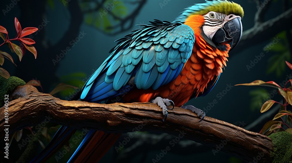 Fototapeta premium Tropical macaw perched. Generative Ai