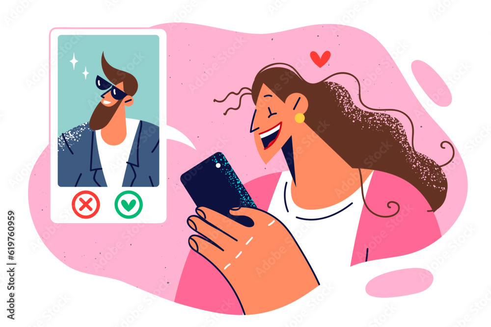 Woman uses dating app on phone and falls in love seeing profile of guy looking for girlfriend Woman uses dating app on phone and falls in love seeing profile of guy looking for girlfriend