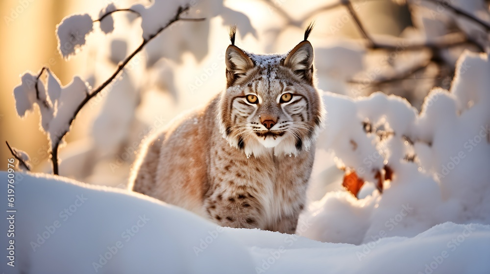 Lynx face walk. Winter wildlife in Europe. Lynx in the snow, snowy forest in February. Wildlife scene from nature, Slovakia. Winter wildlife in Europe, golden hour shot, AI Generated