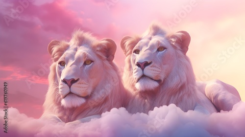 A couple of lions lying on pink sunset clouds in the sky  proud heaven ancestors  surreal  fantasy  pastel colors  cute  cozy  AI Generated