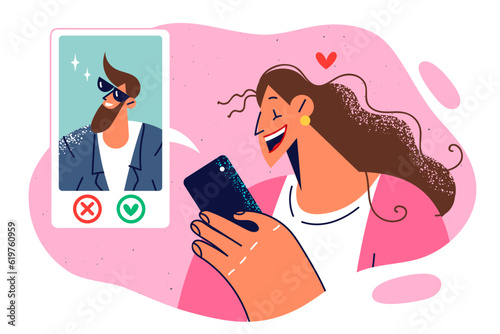 Woman uses dating app on phone and falls in love seeing profile of guy looking for girlfriend