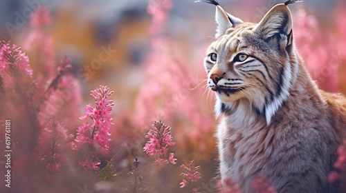 Early summer morning Canadian Lynx big cat sitting in habitat, green meadow with pink flowers, beautiful animal wild, Poland. Eurasian, forest, copy space, cute, banner, sunlight, AI Generated.