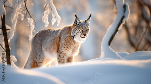 Lynx face walk. Winter wildlife in Europe. Lynx in the snow  snowy forest in February. Wildlife scene from nature  Slovakia. Winter wildlife in Europe  golden hour shot  AI Generated