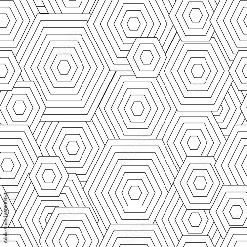 Black and white seamless pattern for coloring book in doodle style. Polygons, hexagon.
