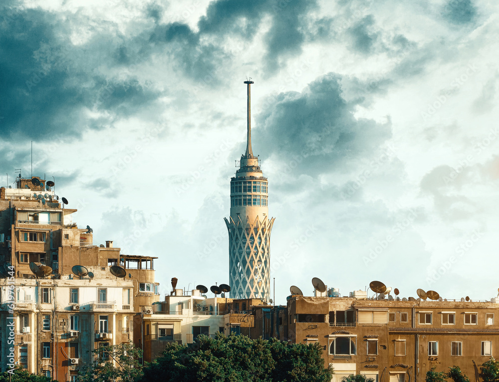 Egypt, Cairo - Cairo Tower with Old Vintage Buildings in Zamalek, Sunset View.