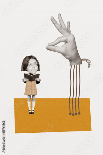 Canvas Print Vertical photo collage of questioned small girl pupil learn read book while big