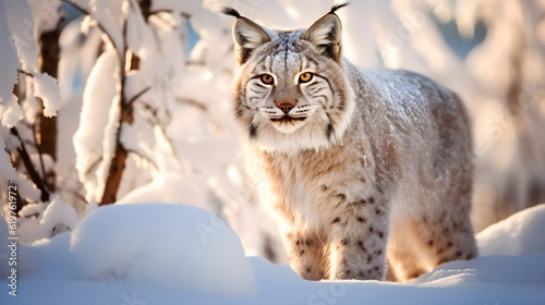 Lynx face walk. Winter wildlife in Europe. Lynx in the snow, snowy forest in February. Wildlife scene from nature, Slovakia. Winter wildlife in Europe, golden hour shot, AI Generated