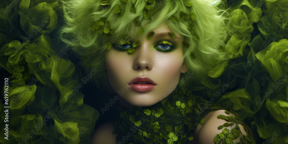 woman comes out of green foliage, surreal forest woman woman comes out of green foliage, surreal forest woman