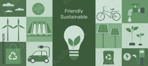 Eco friendly sustainable, Planet earth with alternative green energy resources, climate change problem concepts. Vector design illustration.