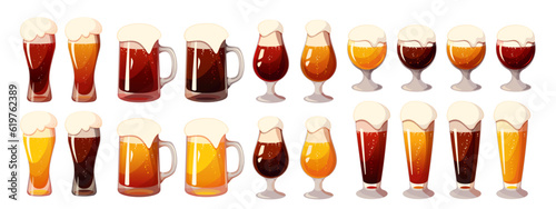A collection of beer in various glasses.Light, dark, golden, red beer in mugs with foam.Vector illustration.