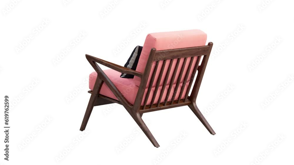 Circular animation of mid-century pink fabric upholstery apartment chair. Wooden base chair with accent pillow on white background. Mid-century, Modern, Scandinavian interior. 3d render Circular animation of mid-century pink fabric upholstery apartment chair. Wooden base chair with accent pillow on white background. Mid-century, Modern, Scandinavian interior. 3d render