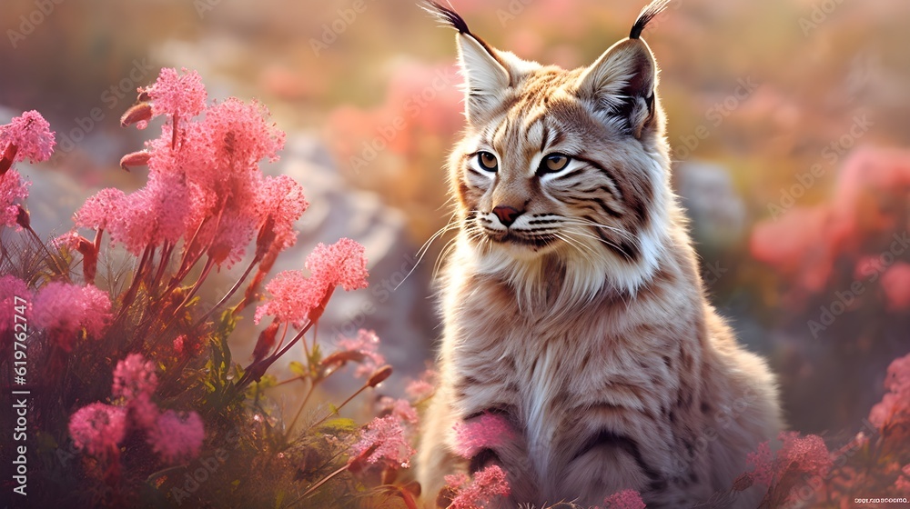 Early summer morning Canadian Lynx big cat sitting in habitat, green meadow with pink flowers, beautiful animal wild, Poland. Eurasian, forest, copy space, cute, banner, sunlight, AI Generated.