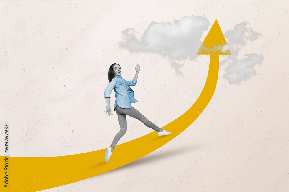 Obraz premium Creative composite photo collage of satisfied energetic woman waving arm say hi run to achieve her goals isolated on painted background