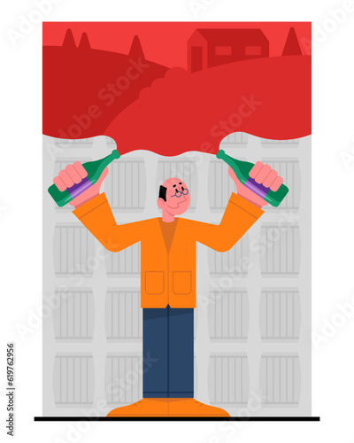 Adult man holding bottles with red wine. Organic drink concept. Winemaking process with natural grapes. Wine production industry. Vector illustration in purple and red colors