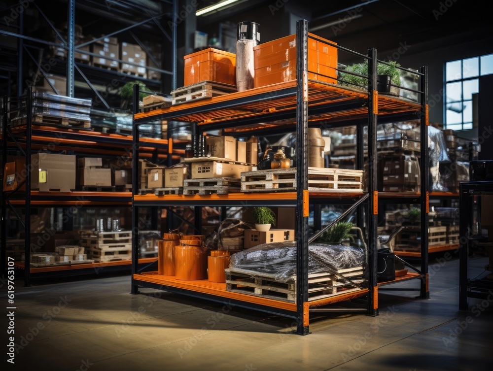 An indoor warehouse with boxes and parcels on the rack, light from bulbs, arranged in an orderly manner. Generative AI An indoor warehouse with boxes and parcels on the rack, light from bulbs, arranged in an orderly manner. Generative AI