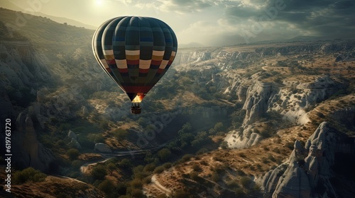Bird's eye landscape of rocky terrain with air balloon. Generative AI
