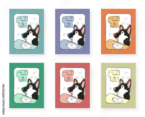Set of posters about charity for stray animals for social media. Cute dog says "A little donation - A big matter"
