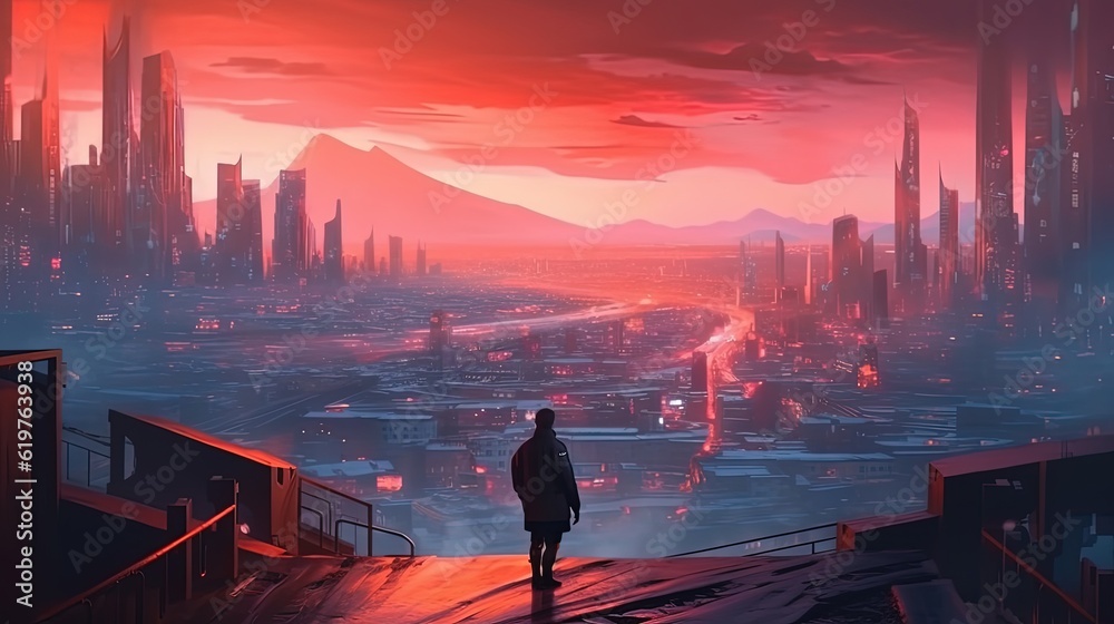 Fototapeta premium Person standing in front of cyberpunk city. Generative AI