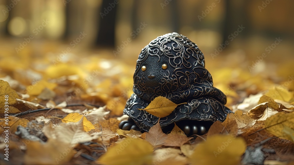 Cute black creature in autumn forest. Black alien on yellow foliage. Generative AI
