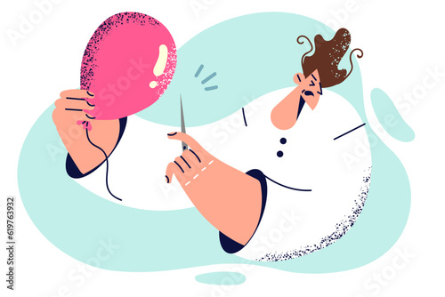 Man with balloon and sharp needle wants to make explosion to scare colleagues and do funny prank
