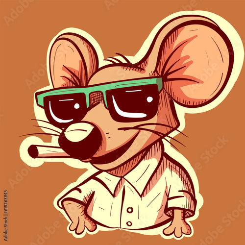 Illustration of a cool rat in a shirt wearing sunglasses and smoking a cigarette. Vector of a quirky mouse cartoon character smoking a joint