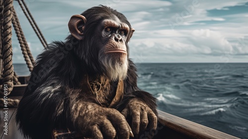 Chimpanzee on deck. Monkey on ship. Generative AI
