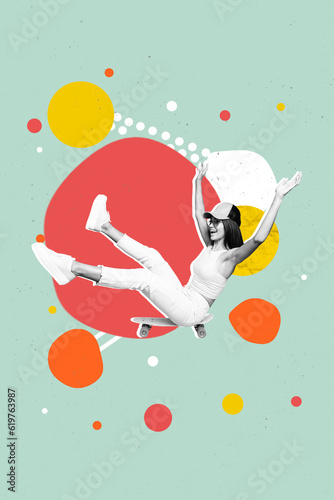 Placard collage poster of positive girl riding skateboard have fun enjoy free time summer holiday vacation isolated on drawing background #619763987