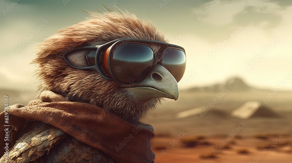 Bird character with biker glasses. Generative AI