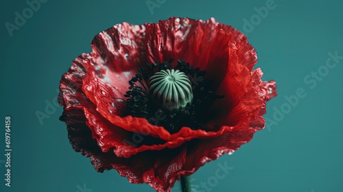 Mesmerizing red poppy flower on turquoise background. Generative AI