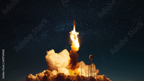 Space rocket ship unsuccessfully takes off into the starry night sky and explodes with smoke and fire. Concept error and start up. Space mission and failure. Explosion photo