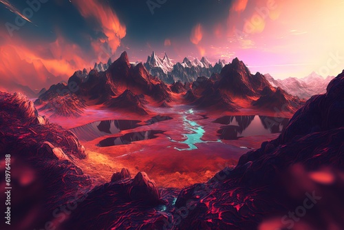 Fantasy landscape. Volcano. Generative AI