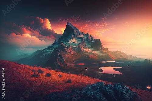 Breathtaking fantasy landscape. Sunset. Generative AI