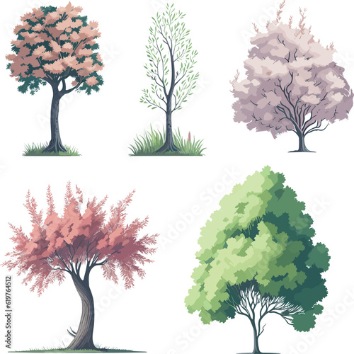 Minimal style tree painting hand drawn. Spring tree watercolor vector illustration. Set of graphics trees elements drawing for architecture and landscape design.