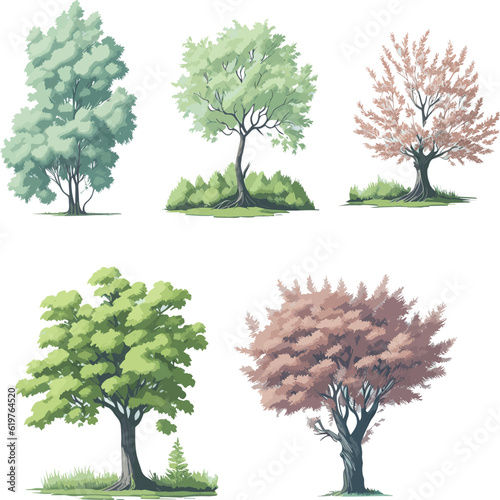 Minimal style tree painting hand drawn. Spring tree watercolor vector illustration. Set of graphics trees elements drawing for architecture and landscape design.