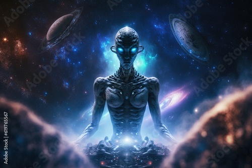 Futuristic 5th dimensional alien being with glowing eyes. Space creature. Higher consciousness. Generative AI