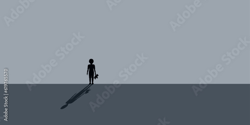 lonely sad little boy with teddy bear stands in front of a gray wall vector illustration EPS10