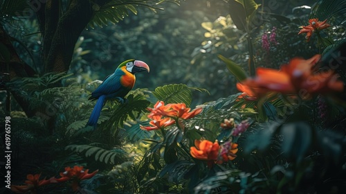 Lush jungle with toucan. Generative AI