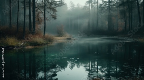 Landscape of misty lake in forest. Generative AI