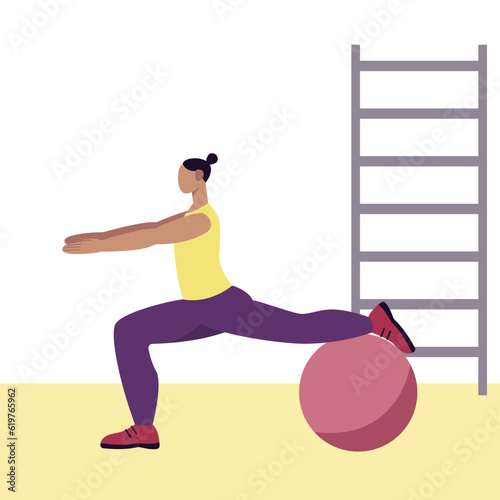 Active lady performing exercises with fit ball in gym. Doing morning workout in gym. Physical activity and healthy lifestyle. Time for training indoor. Vector illustration in purple and yellow colors